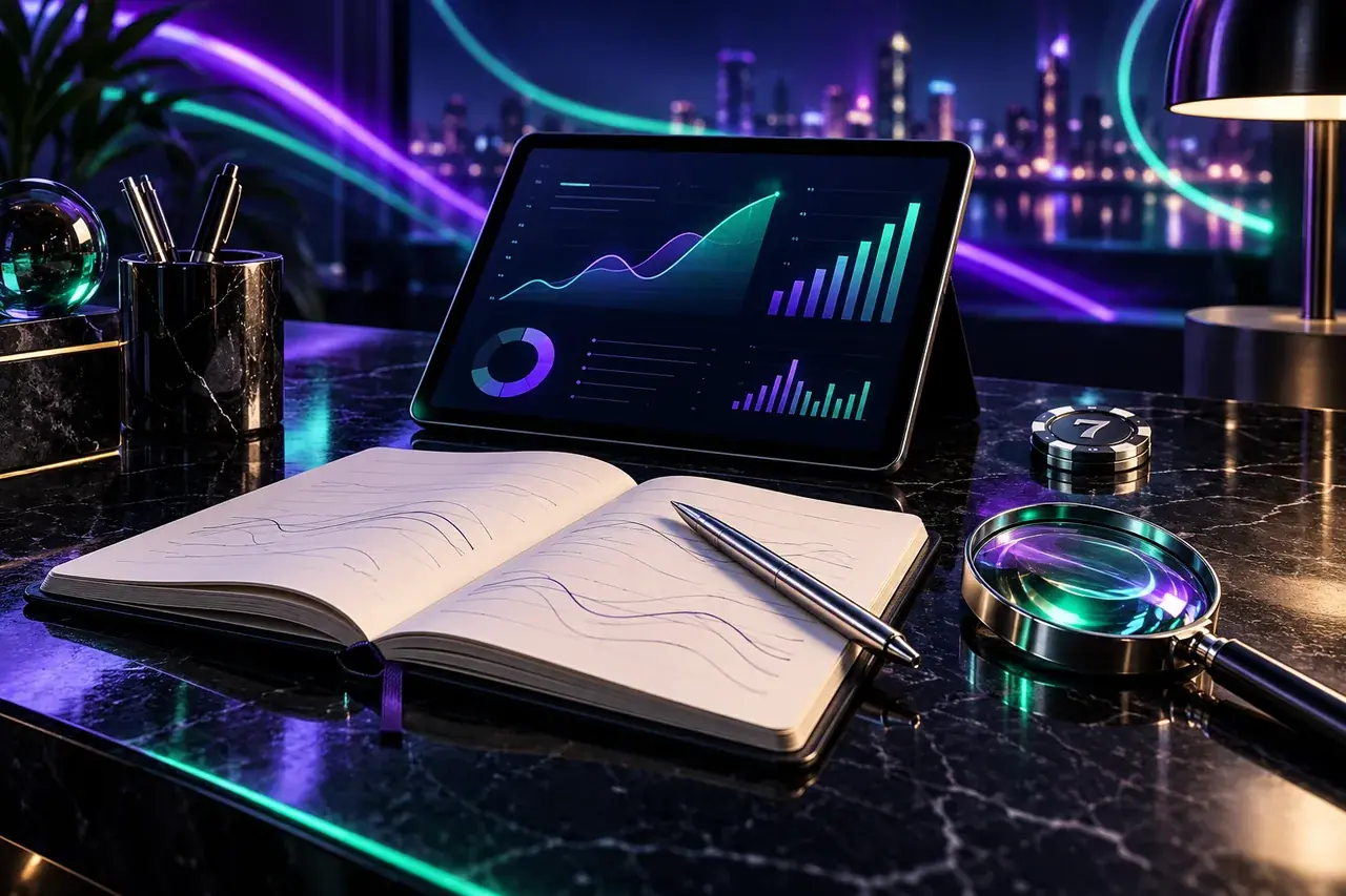 A notebook, magnifying glass and tablet on a violet and mint illuminated editorial desk